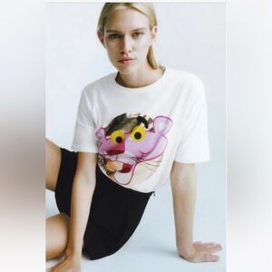 Zara White Tee with Pink Panther Design